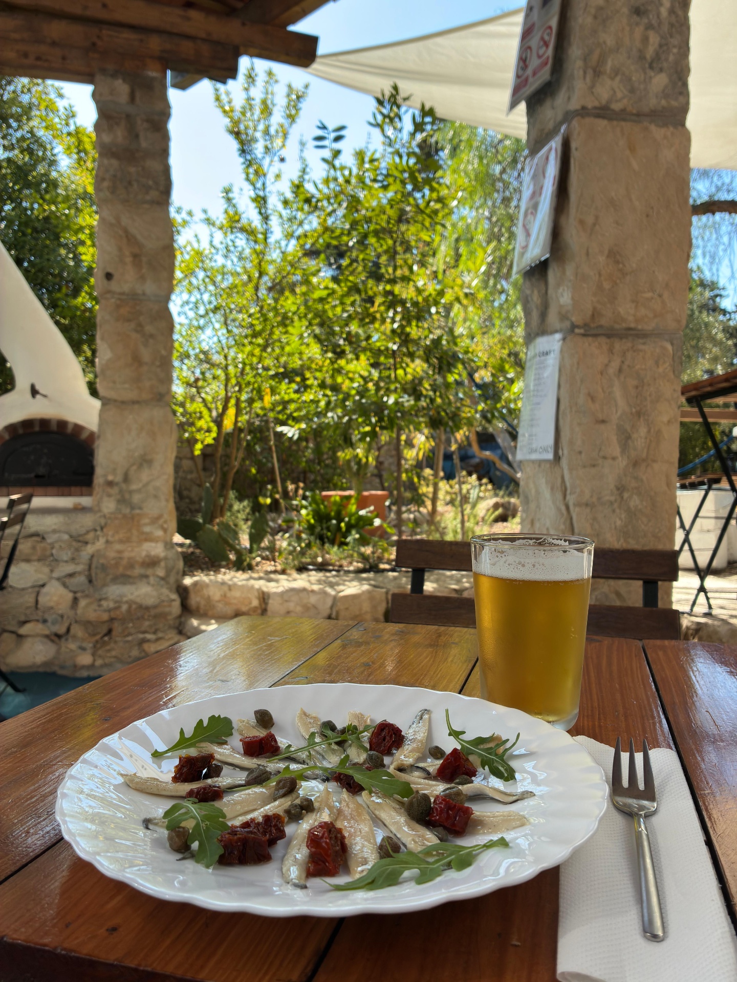Anchovies and sun-dried tomatoes with a beer on the terrace